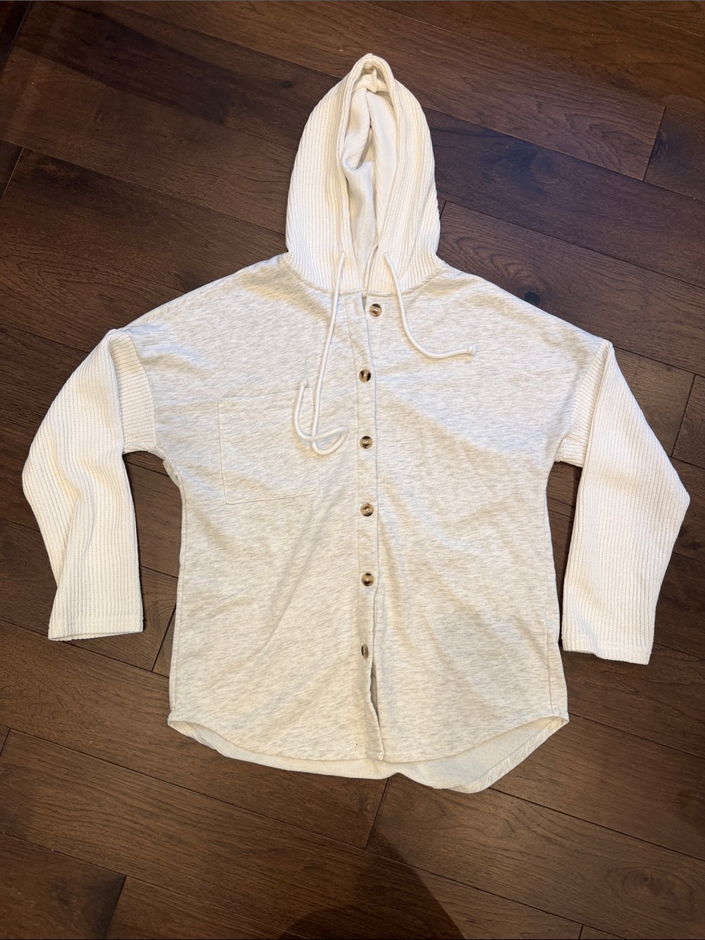 SHEIN Gray/Cream Button-Up Hooded Knit Sweater Top Size Large - C58-038